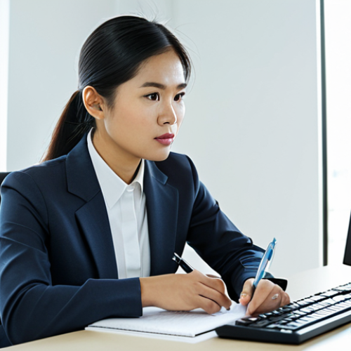 Home 15 A professional Thai female translator in her early 30s, fully clothed in a modest, well-fitted business suit, appropriate attire. She is seated comfortably at a modern, clean desk in a brightly lit, contemporary office. A large monitor displays text documents, suggesting her focused work. Her expression is thoughtful and concentrated, with a natural pose. One hand lightly rests on a keyboard, the other holds a pen near a notepad. The environment is clean and professional, with subtle elements like a small plant. professional photography, high resolution, soft lighting, natural skin tones, perfect anatomy, correct proportions, well-formed hands, proper finger count, natural body proportions, safe for work, appropriate content, fully clothed, professional.