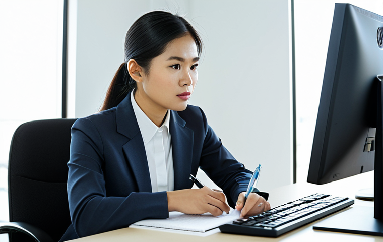 A professional Thai female translator in her early 30s, fully clothed in a modest, well-fitted business suit, appropriate attire. She is seated comfortably at a modern, clean desk in a brightly lit, contemporary office. A large monitor displays text documents, suggesting her focused work. Her expression is thoughtful and concentrated, with a natural pose. One hand lightly rests on a keyboard, the other holds a pen near a notepad. The environment is clean and professional, with subtle elements like a small plant. professional photography, high resolution, soft lighting, natural skin tones, perfect anatomy, correct proportions, well-formed hands, proper finger count, natural body proportions, safe for work, appropriate content, fully clothed, professional.