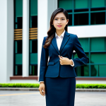 **

A Thai businesswoman in a modern, fully clothed business suit (skirt and jacket) made of traditional Thai silk, standing confidently in front of a modern Bangkok office building. Appropriate attire, safe for work, perfect anatomy, natural proportions, professional photography, high quality, family-friendly, appropriate content, well-formed hands, proper finger count.

**