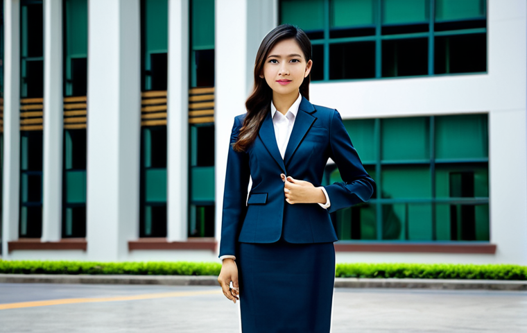 **

A Thai businesswoman in a modern, fully clothed business suit (skirt and jacket) made of traditional Thai silk, standing confidently in front of a modern Bangkok office building. Appropriate attire, safe for work, perfect anatomy, natural proportions, professional photography, high quality, family-friendly, appropriate content, well-formed hands, proper finger count.

**