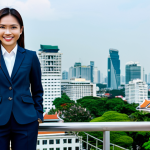 **

"A Thai woman in a modern, modest business suit, smiling confidently while standing in front of the Bangkok skyline, fully clothed, appropriate attire, safe for work, perfect anatomy, natural proportions, professional photography, high quality, family-friendly."

**