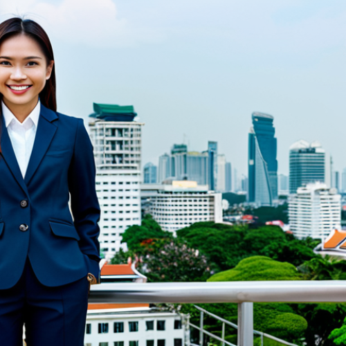 Home 13 **
"A Thai woman in a modern, modest business suit, smiling confidently while standing in front of the Bangkok skyline, fully clothed, appropriate attire, safe for work, perfect anatomy, natural proportions, professional photography, high quality, family-friendly."
**
