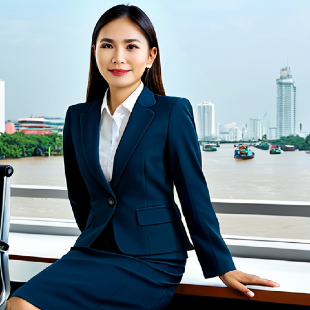 Business Professional**

A Thai businesswoman in a modest, tailored business suit (skirt and blazer), sitting at a modern desk in a bright, clean Bangkok office. The background includes Thai artwork and a view of the Chao Phraya River. Fully clothed, appropriate attire, safe for work, perfect anatomy, natural proportions, professional photography, high quality.

**