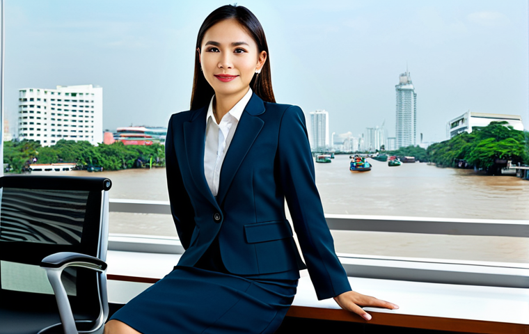 Business Professional**

A Thai businesswoman in a modest, tailored business suit (skirt and blazer), sitting at a modern desk in a bright, clean Bangkok office. The background includes Thai artwork and a view of the Chao Phraya River. Fully clothed, appropriate attire, safe for work, perfect anatomy, natural proportions, professional photography, high quality.

**
