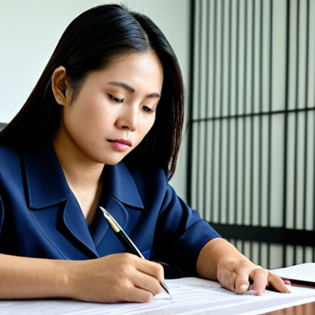 번역사 업무에서의 윤리와 책임 - **Prompt**: A highly detailed, realistic image of a focused Thai female translator, in her late 30s,...