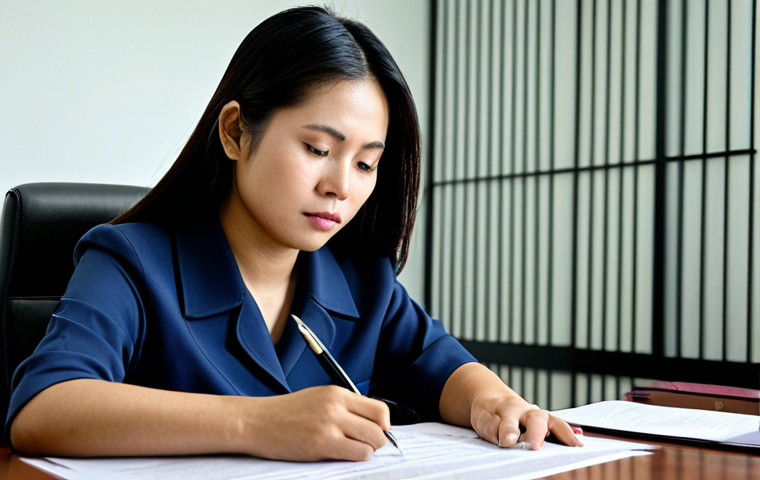 번역사 업무에서의 윤리와 책임 - **Prompt**: A highly detailed, realistic image of a focused Thai female translator, in her late 30s,...