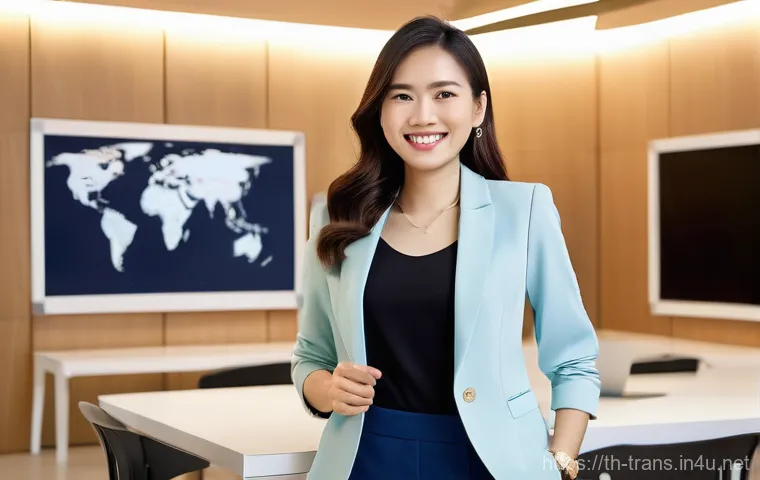 번역사 자격증을 통한 커리어 확장 - **Prompt:** A confident Thai female professional translator, in her early 30s, stands in a brightly ...
