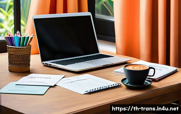 번역사 전문 용어 학습법 - A vibrant study desk scene in a cozy Thai home office with colorful flashcards and illustrated vocab...