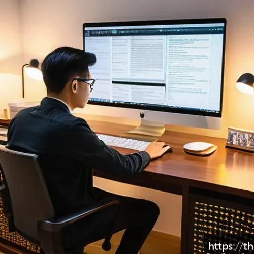 번역사 실기시험의 실제 문제 해결 사례 - A professional translator seated at a modern desk in a cozy home office, surrounded by dual computer...