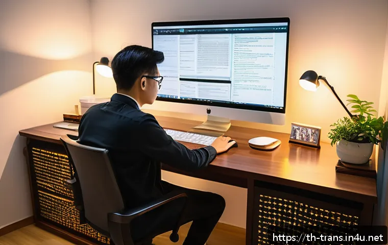번역사 실기시험의 실제 문제 해결 사례 - A professional translator seated at a modern desk in a cozy home office, surrounded by dual computer...