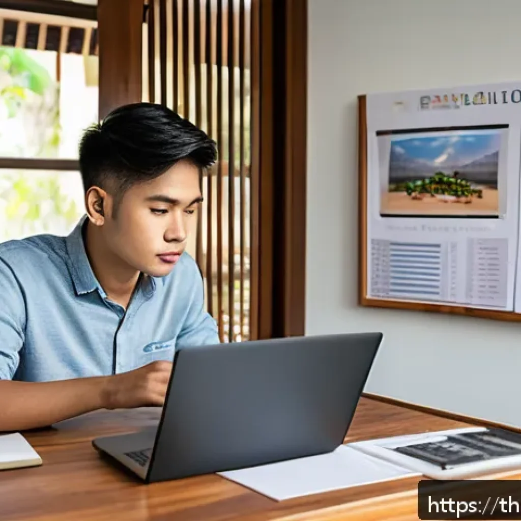 번역사 자격증 독학 성공 사례 - A young Thai adult studying at a modern desk setup at home, surrounded by digital learning tools lik...