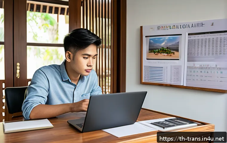 번역사 자격증 독학 성공 사례 - A young Thai adult studying at a modern desk setup at home, surrounded by digital learning tools lik...