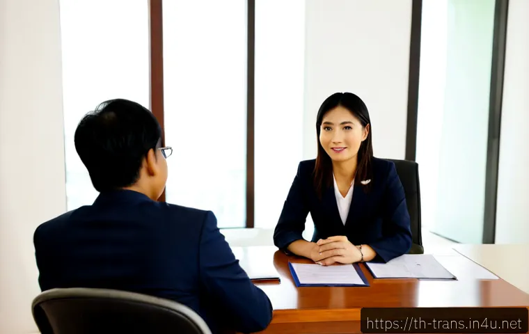 번역사 자격증을 가진 전문가의 인터뷰 - Photorealistic interview with a certified Thai translator in a bright modern Bangkok office, confide...
