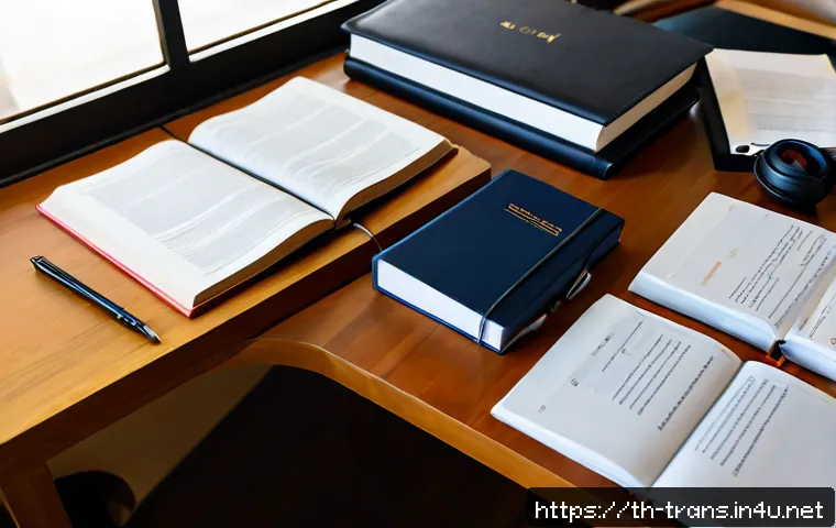 번역사 자격증 필수 학습 자료 - Photorealistic study desk for a professional translator certification candidate in Thailand, neatly ...